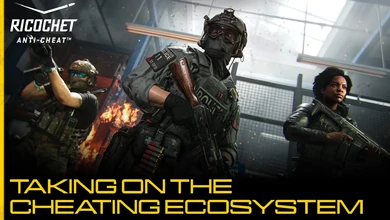 RICOCHET Anti-Cheat key art showing three armed operators against an industrial backdrop