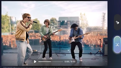 Three musicians performing on a stage in front of a large crowd, framed by Samsung's My FanCam feature