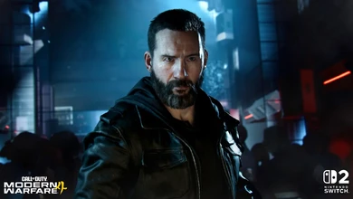 Bearded man in a leather jacket against a rain-soaked neon street in the Modern Warfare 4 campaign trailer