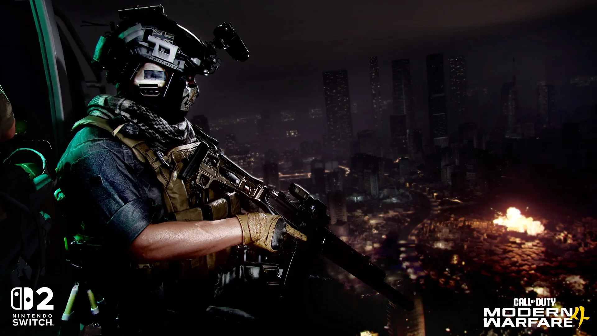 Modern Warfare 4 operator overlooking a burning city at night