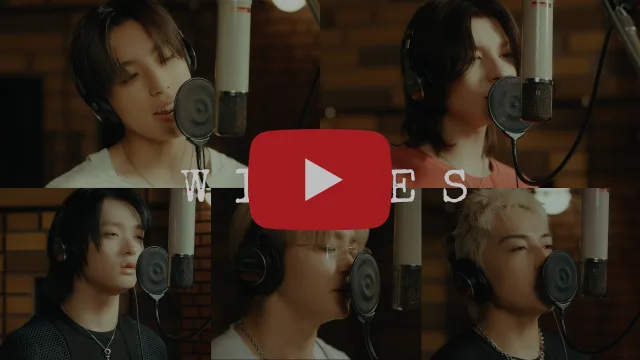 Five members of STARGLOW recording vocals at microphones in a studio, shown in a grid