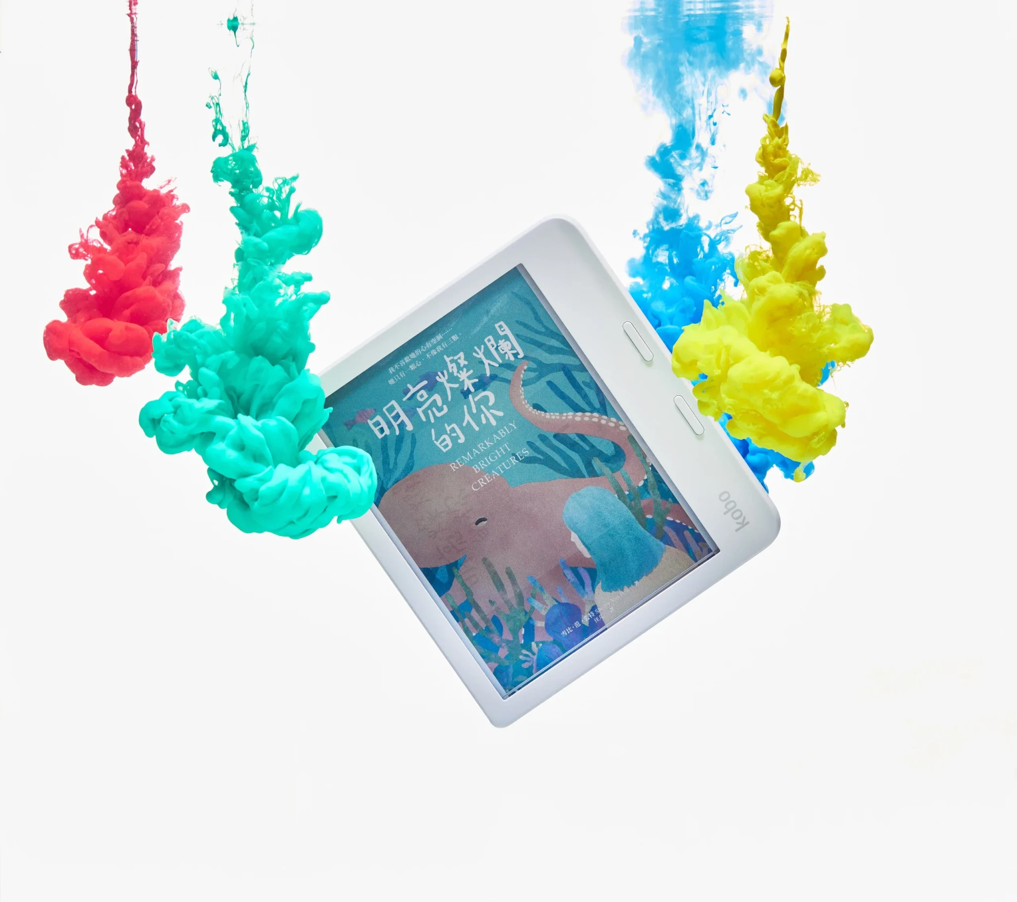 A Kobo colour eReader displaying a book with a whale illustration, surrounded by splashes of pink, teal, blue and yellow