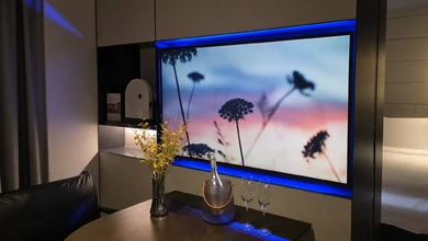 A Samsung display showing scenic ambient content in a smart room at Fraser Residence River Promenade