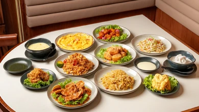A spread of Perfect 10 dishes from Tiong Bahru Hainanese Chicken Rice, including stir-fried noodles, seafood and poultry with sauces, on a white table