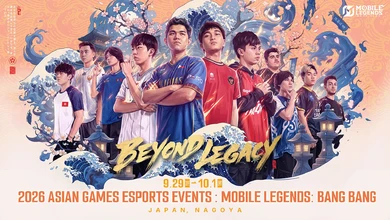 Key art for the 2026 Asian Games Esports Events Mobile Legends Bang Bang tournament featuring competing players