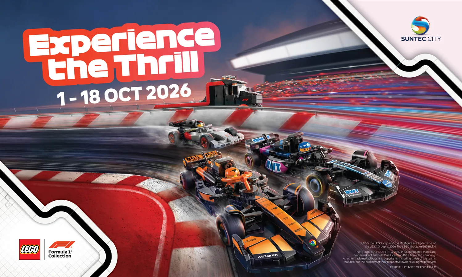 Suntec City's Experience The Thrill key visual, with LEGO Formula 1 cars racing on a track