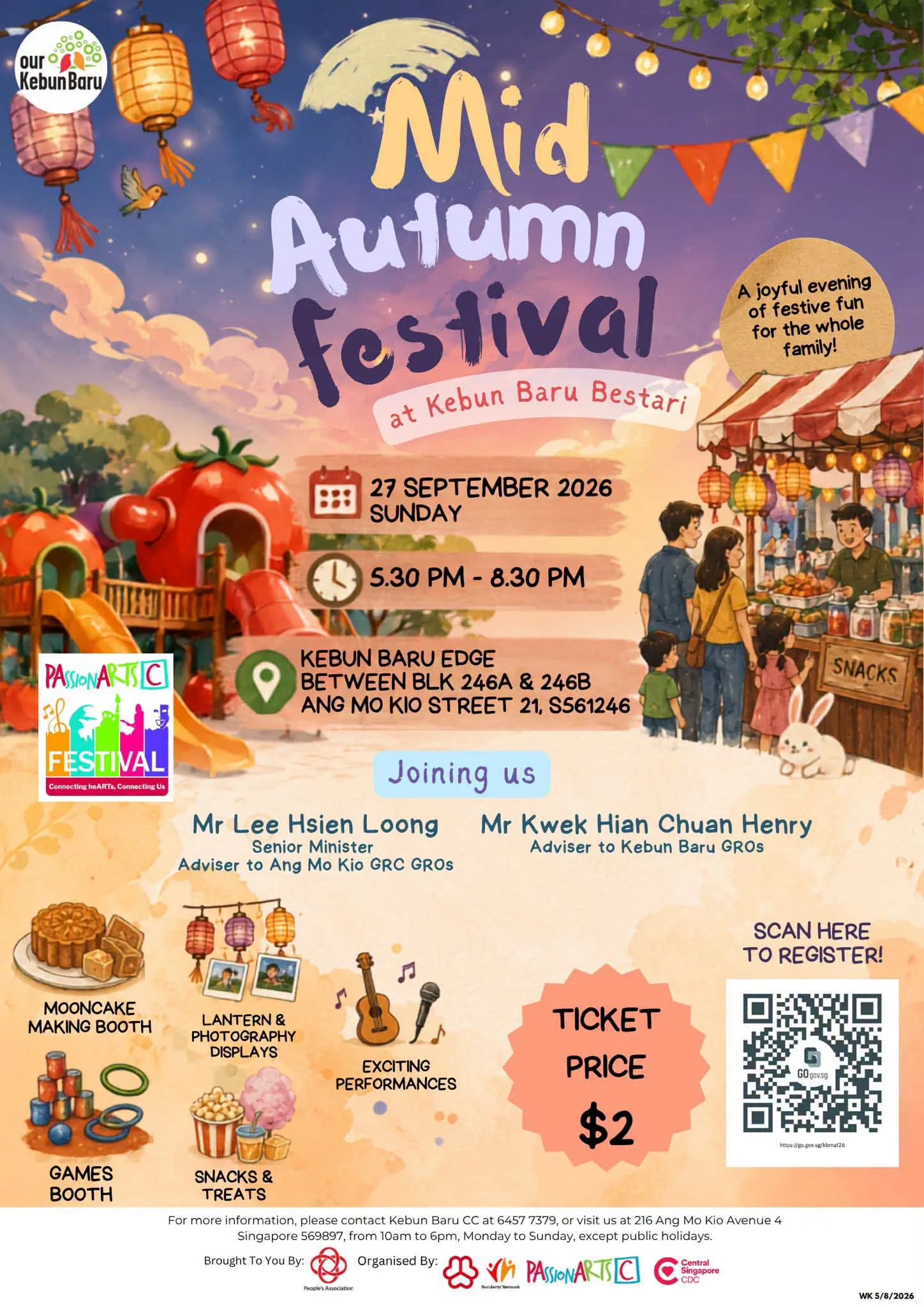 Mid-Autumn Festival poster for Kebun Baru Bestari on 27 September 2026 with illustrated lanterns and a market pavilion