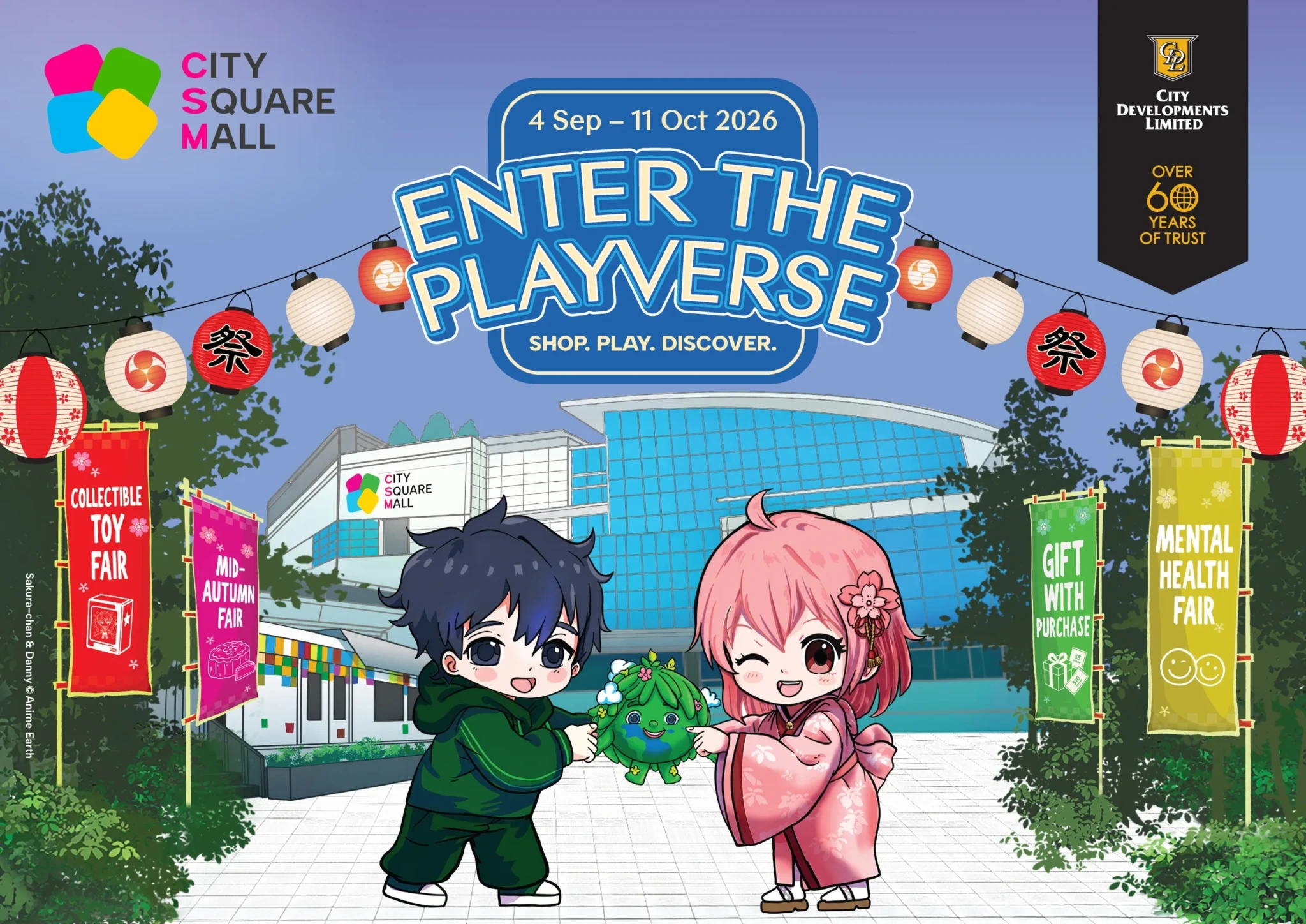 Campaign artwork for City Square Mall's Enter the Playverse, showing anime characters with Mid-Autumn paper lanterns