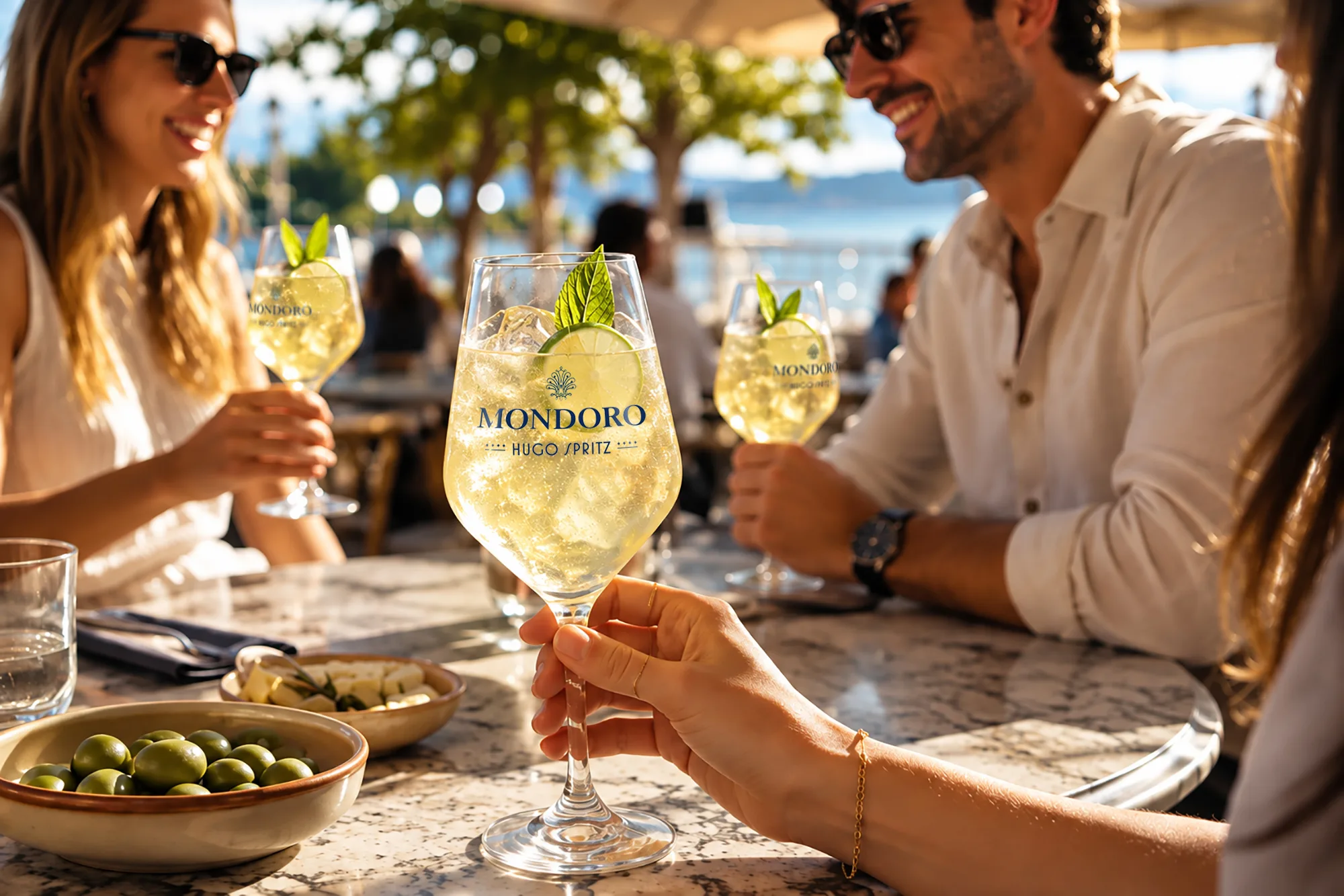 Mondoro Hugo Spritz drinks with mint and lemon served at a waterside gathering