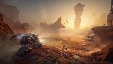 A giant sandworm bursts from the dunes of Arrakis while vehicles and aircraft scatter across the open desert