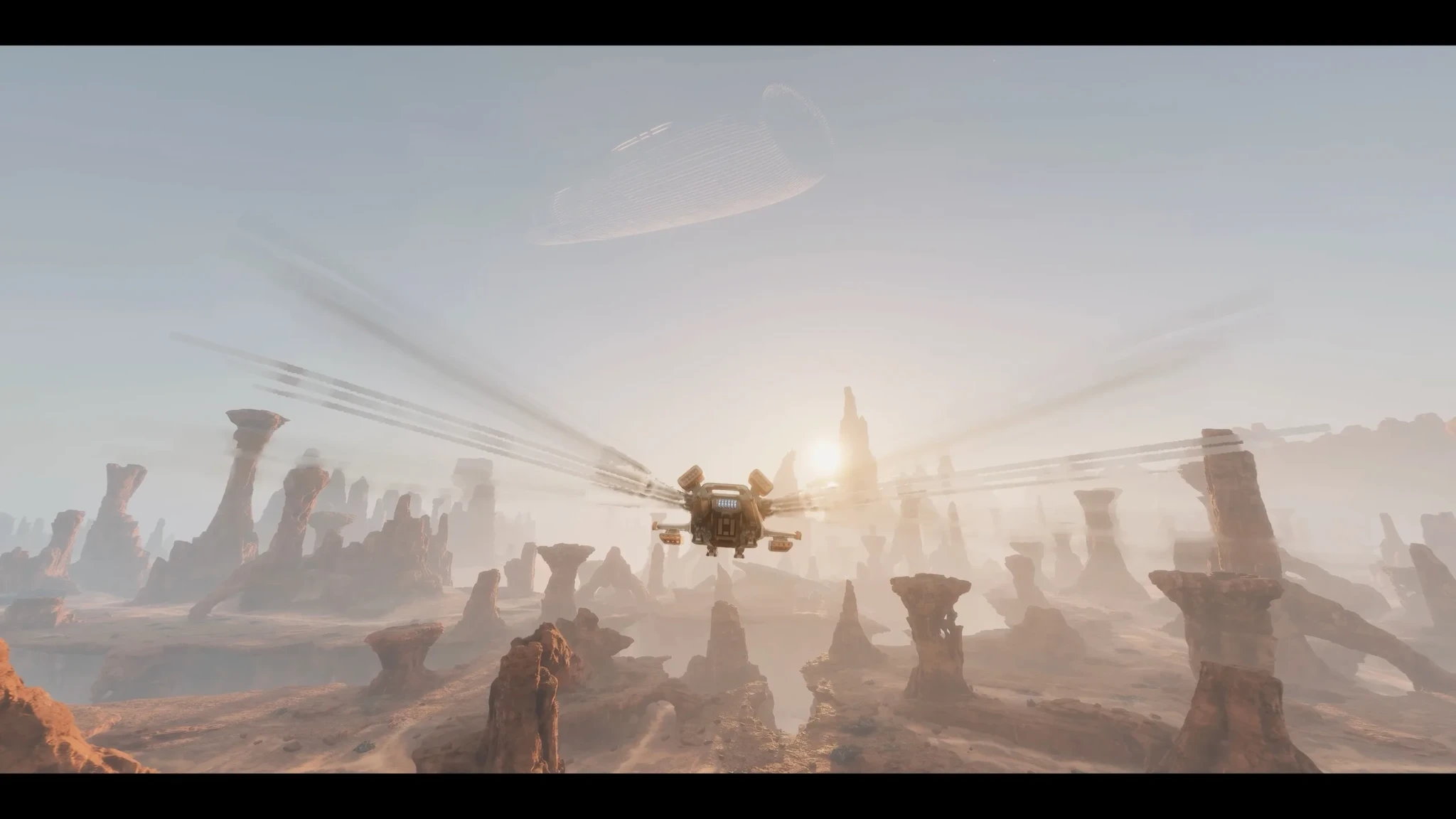 An ornithopter flies low over the rock spires of Arrakis in Dune: Awakening