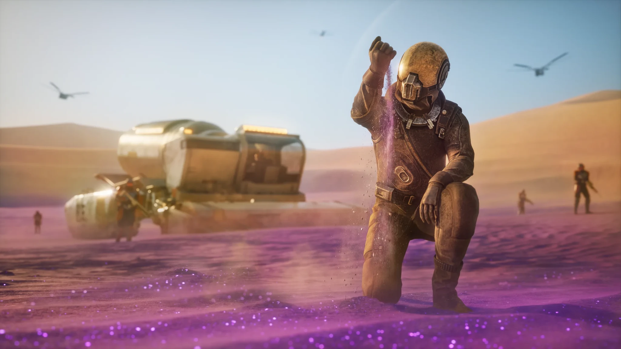 A player in golden armour kneels in a field of spice beside a harvester in Dune: Awakening
