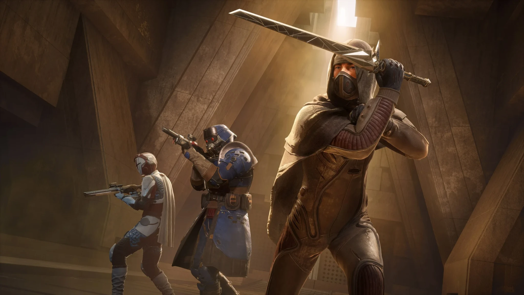 Three armed characters in desert survival gear ready for a fight in Dune: Awakening