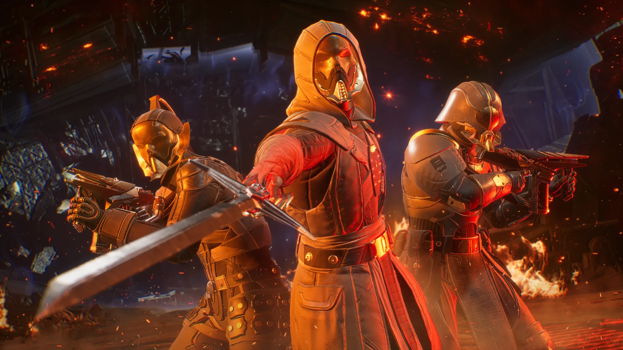 Three Sardaukar soldiers in gold and red armour in Dune: Awakening