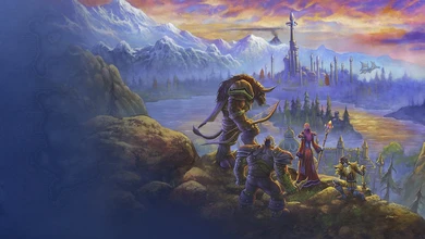 Skyborne characters stand before snow-capped mountains and a castle in World of Warcraft: Forever
