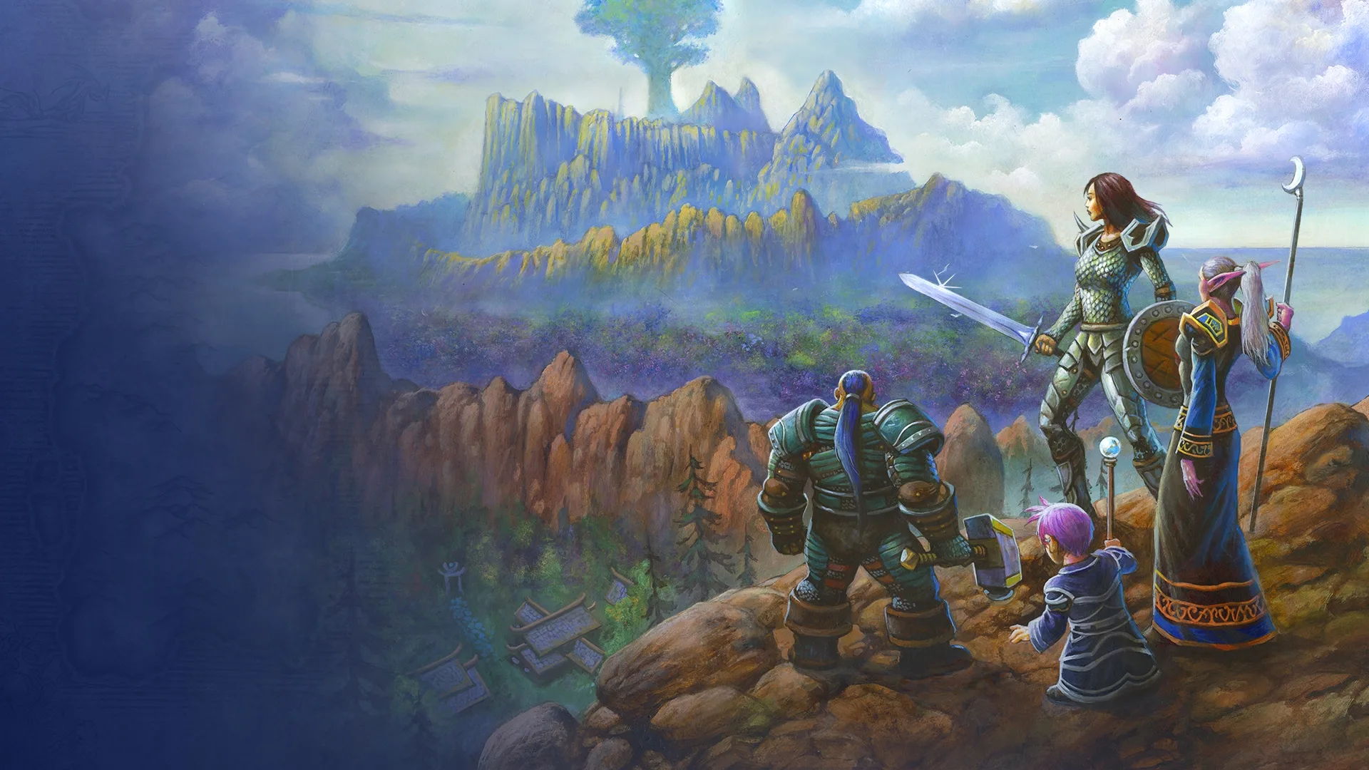 Adventurers overlook a mountainous starting zone in World of Warcraft: Forever