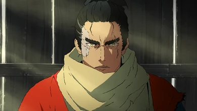 A scarred swordsman in a red robe and olive scarf, a still from the Sekiro: No Defeat anime