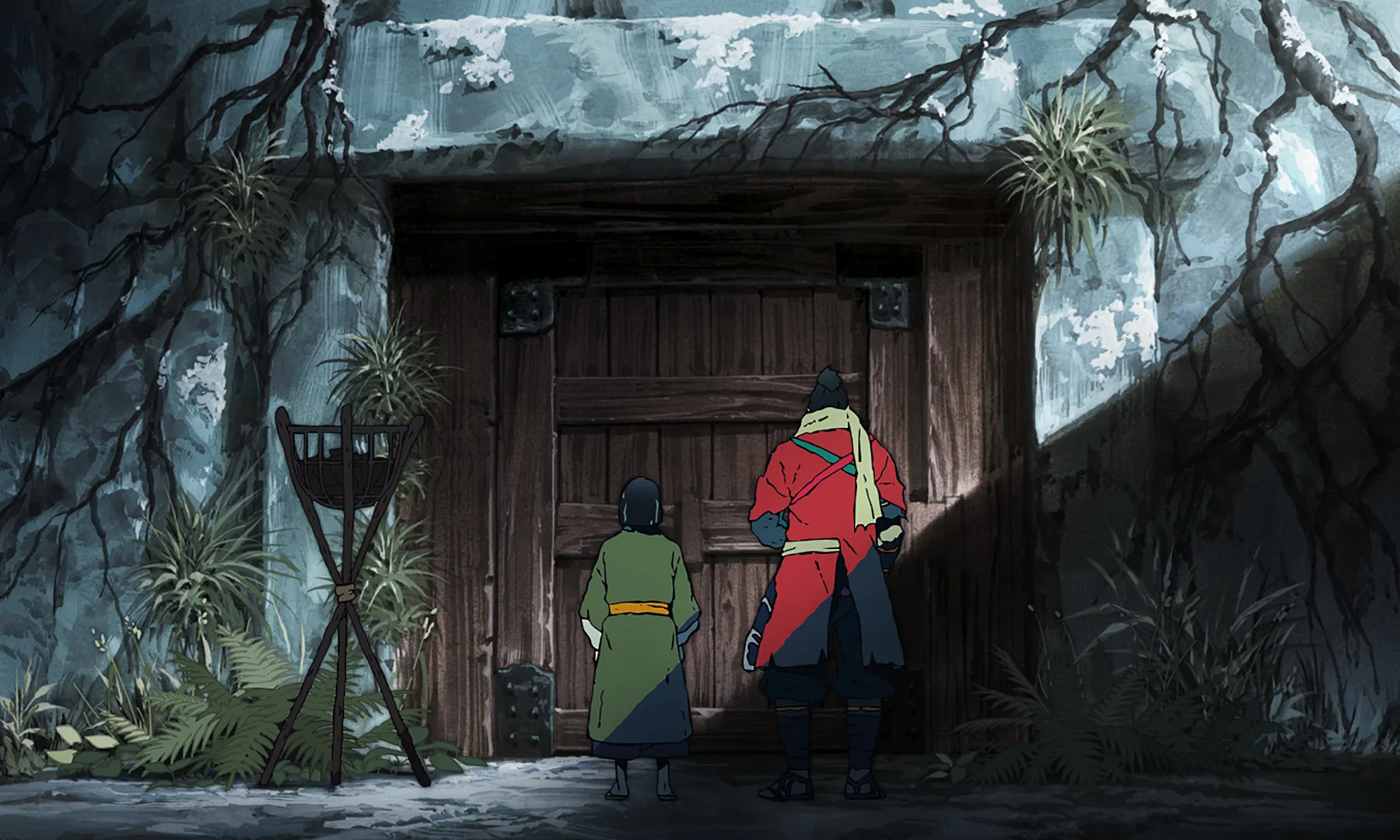 Wolf and Kuro standing at a weathered wooden door in a Sengoku-era courtyard