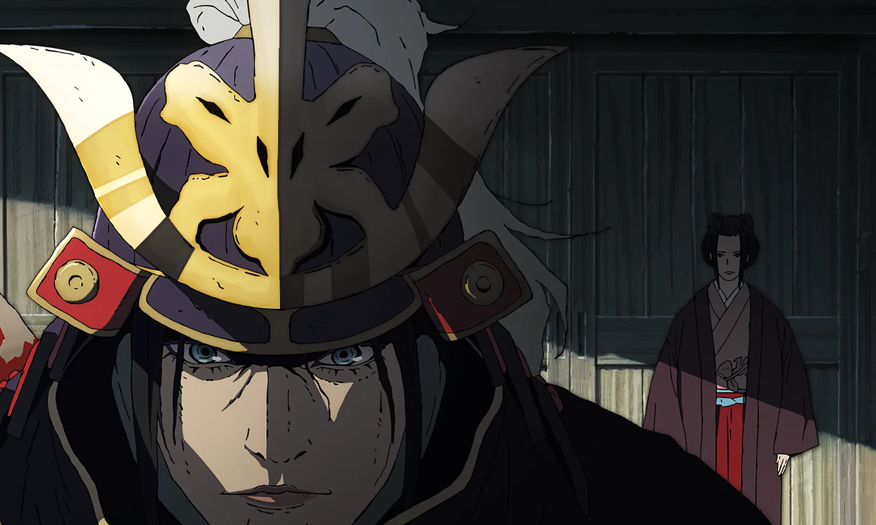 Wolf in ornate armour and a golden mask with Kuro standing behind him inside a traditional Japanese structure