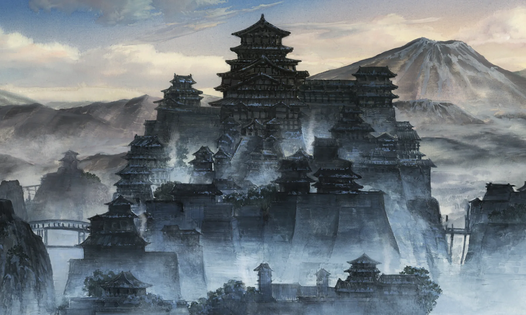 A Japanese castle complex in a misty mountainous landscape from Sekiro: No Defeat