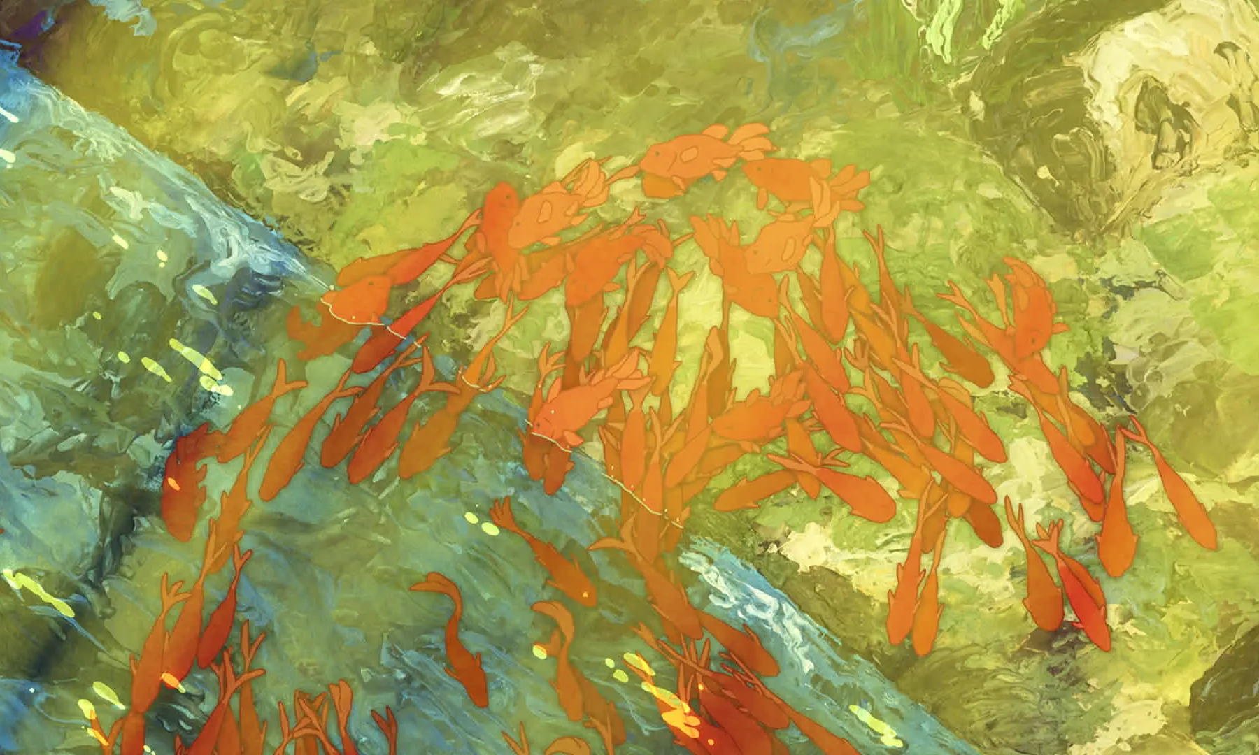 A figure in orange and red brushstrokes against an impressionistic yellow-green landscape