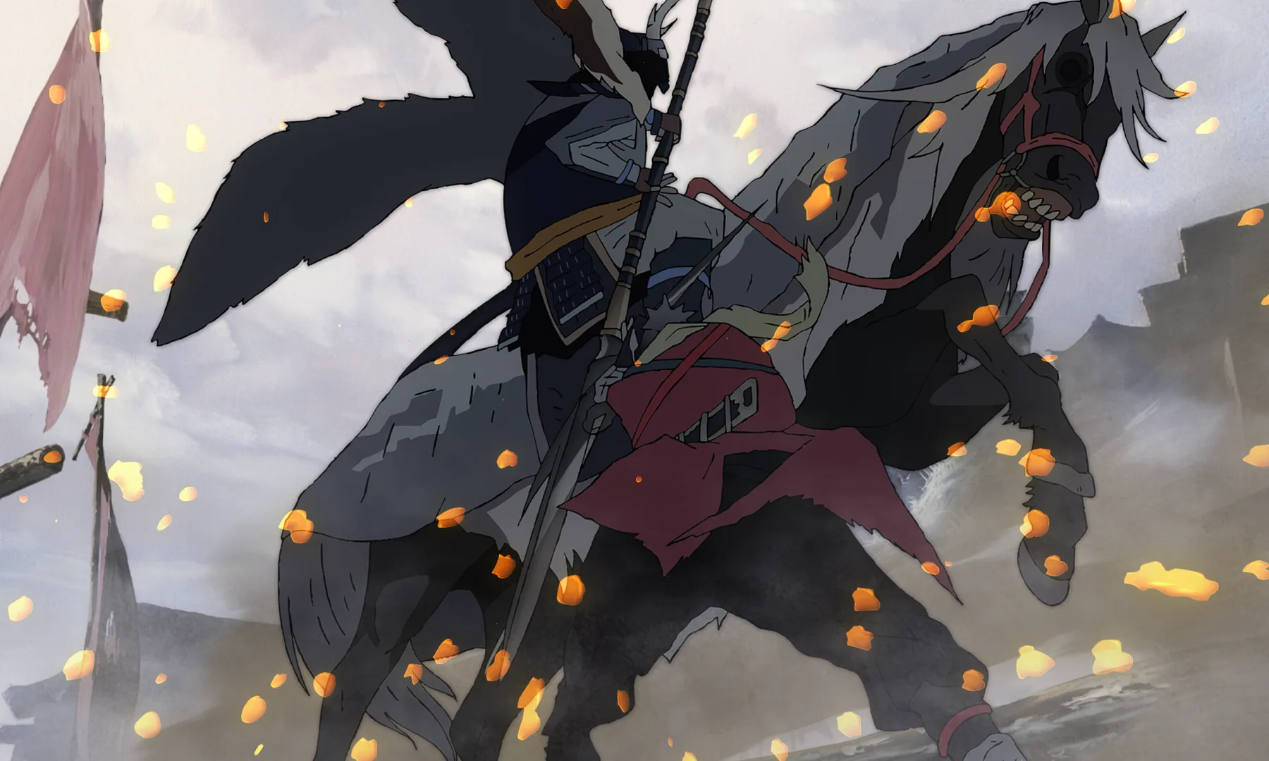 A mounted warrior with a spear on a rearing horse amid drifting embers, from Sekiro: No Defeat