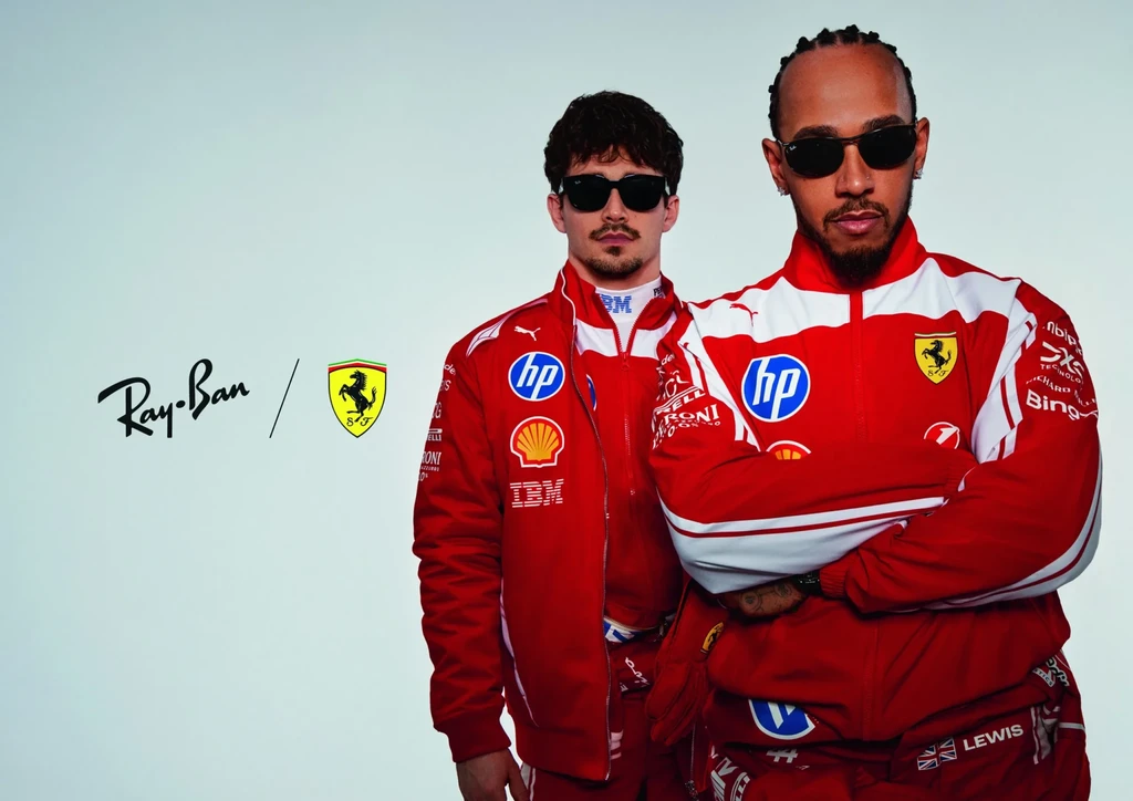 Two Scuderia Ferrari drivers wearing sunglasses from the Ray-Ban for Scuderia Ferrari collection