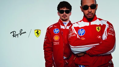 Two Scuderia Ferrari drivers wearing sunglasses from the Ray-Ban for Scuderia Ferrari collection