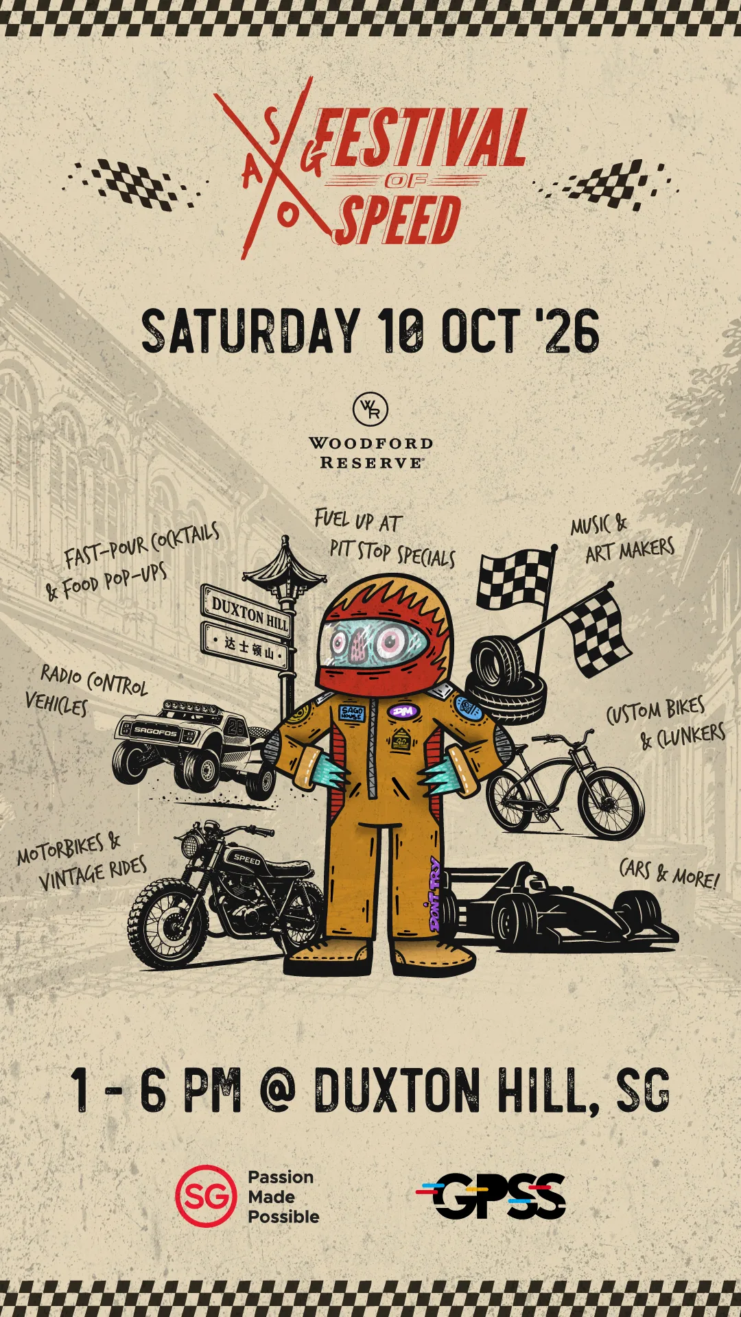 Sago Festival of Speed 2026 event poster featuring a stylized character in racing gear surrounded by motorbikes, cars, bicycles, and checkered flags, with detai