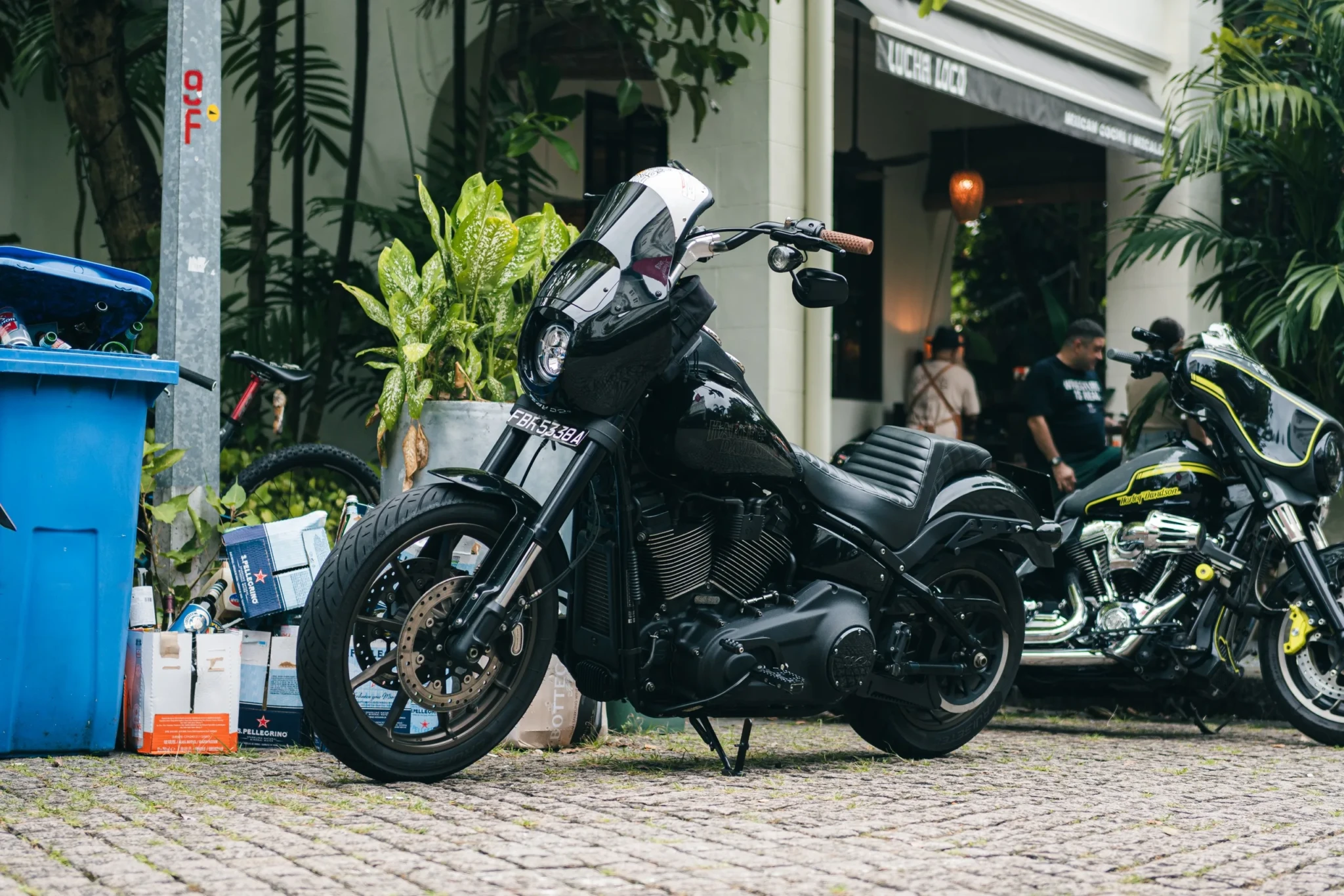 Black and white custom motorcycle displayed at festival with other motorcycles visible behind it and tropical plants