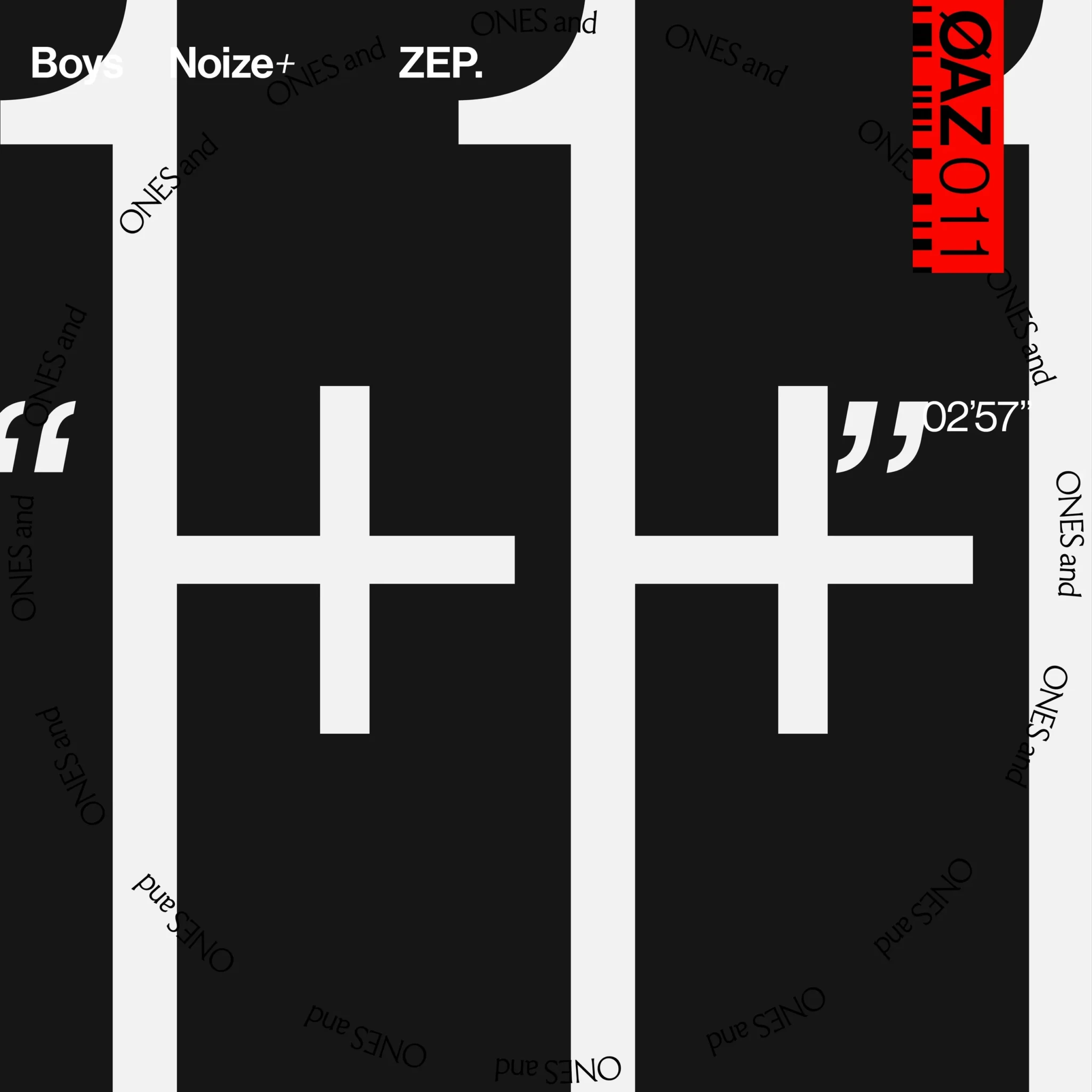 The 1+1+1 single cover with geometric black and white shapes and red title text