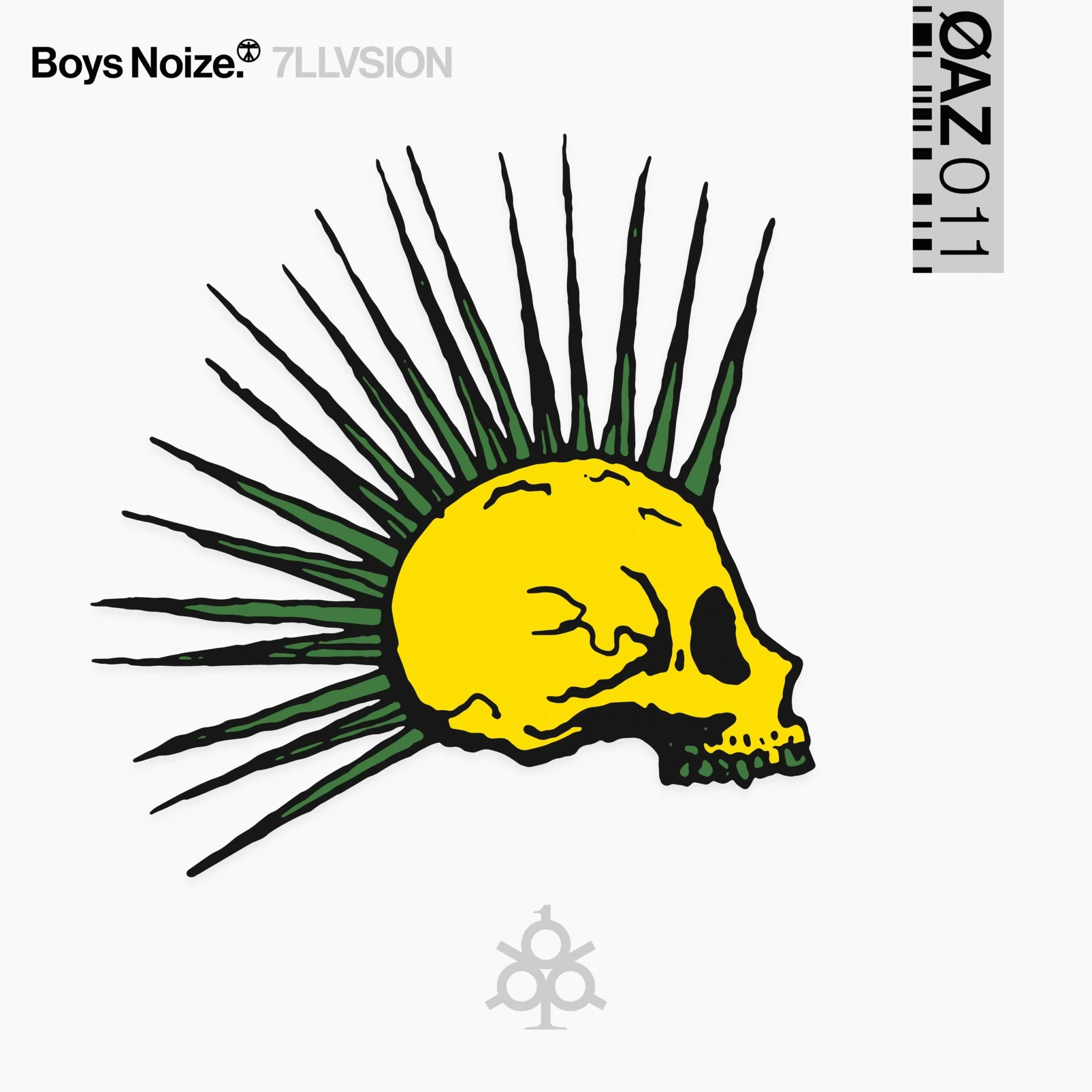 The 7LLVSION album cover showing a yellow skull with green and black spikes