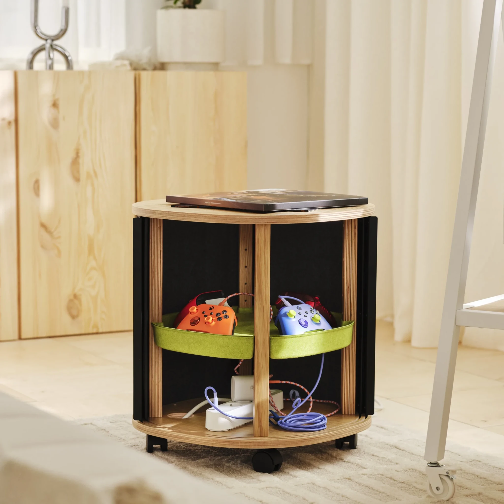 YXSTABY Gaming side table on castors holding Xbox controllers and accessories