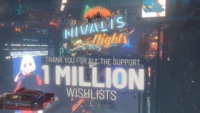 Nivalis Nights 1 million wishlists celebration graphic with a neon-lit cyberpunk cityscape and thank-you message