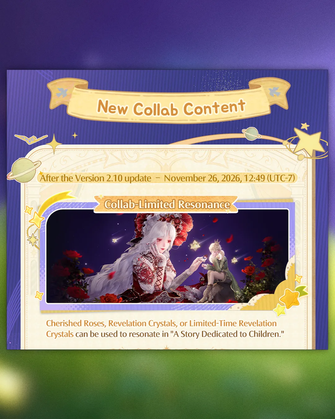 Infinity Nikki Version 2.10 key art with costumed characters, stars, and in-game menu elements