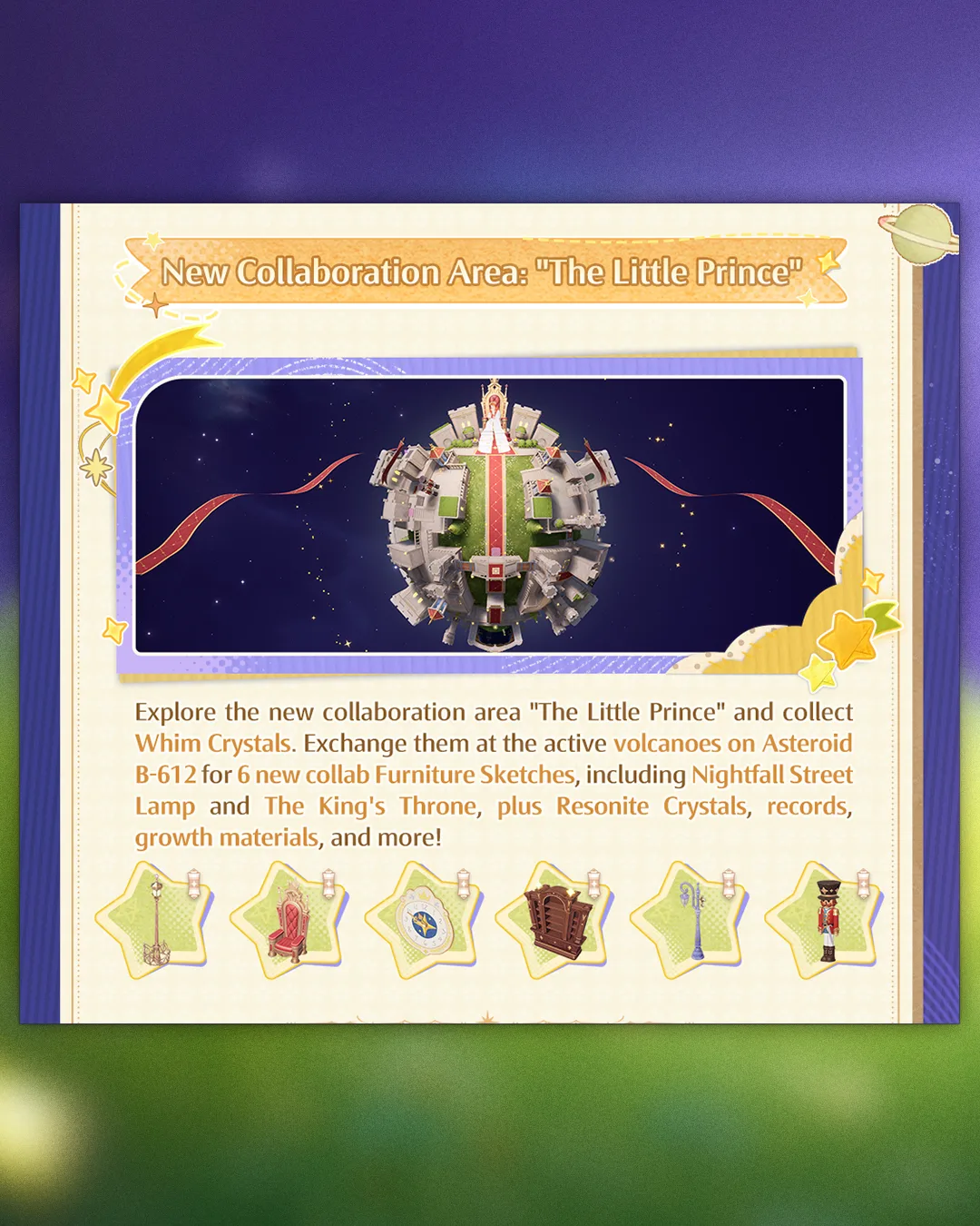 Isometric view of The Little Prince collaboration area in Infinity Nikki Version 2.10