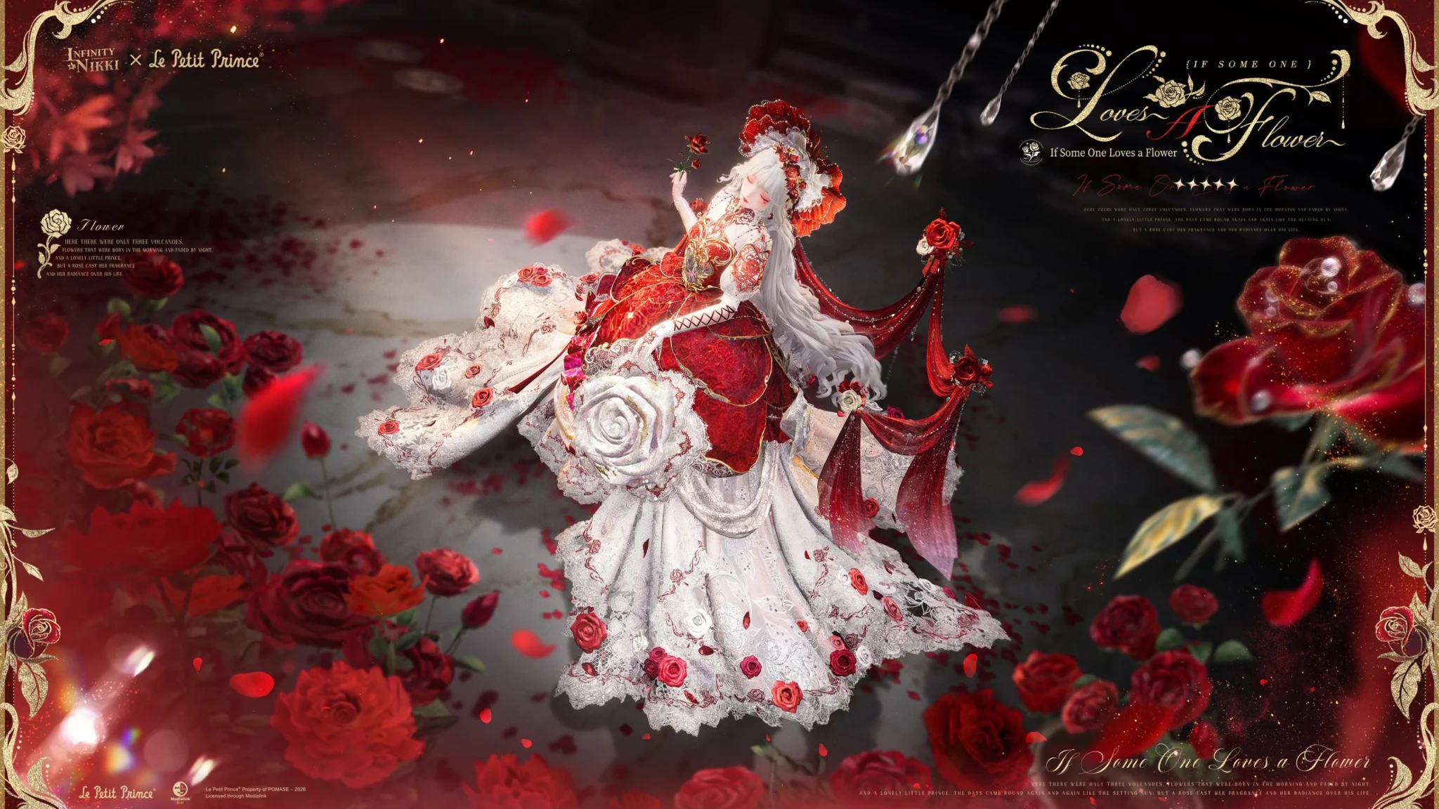 Nikki wearing the 5-star If Some One Loves a Flower outfit, a white and red ensemble covered in roses