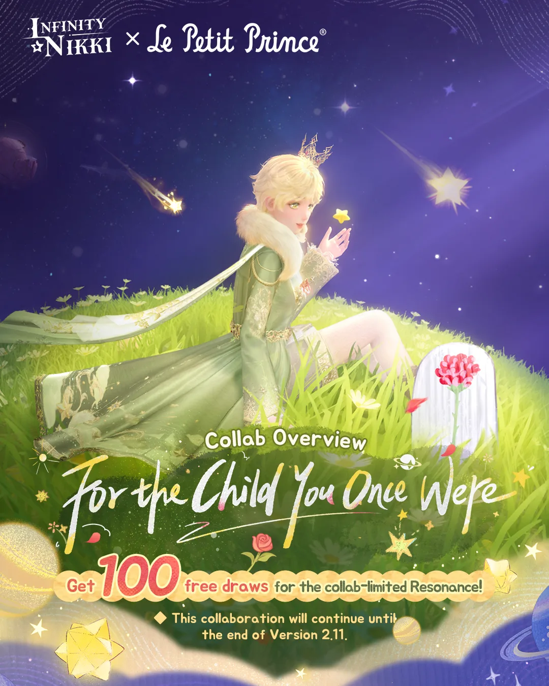 Nikki in a green outfit with a white fur collar holding a small star in the Infinity Nikki x The Little Prince key art