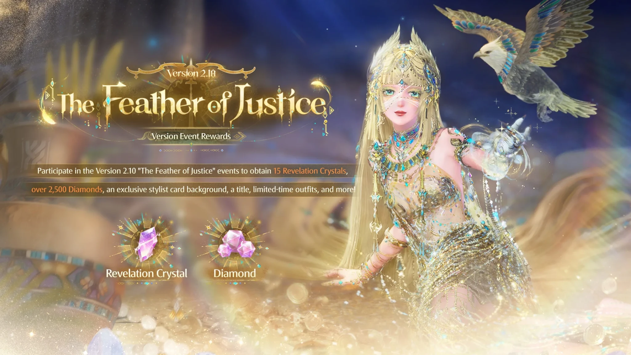 Infinity Nikki character in golden attire with white bird, title 'The Feather of Justice' and event rewards information