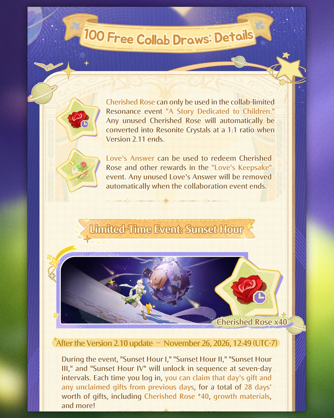 Infographic showing Infinity Nikki event details for 100 Free Collab Draws and Sunset Hour limited-time event with reward icons and game scene preview