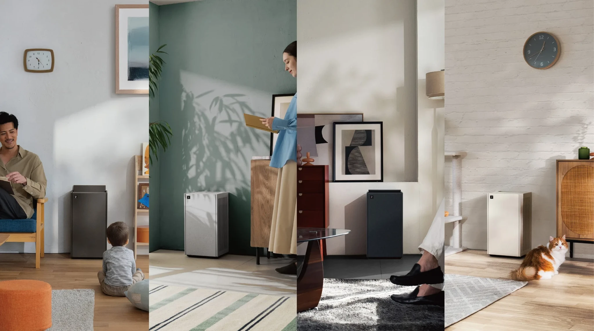 The SHARP Purefit Plasmacluster Air Purifier in black and white finishes placed in home settings with family members and a pet cat