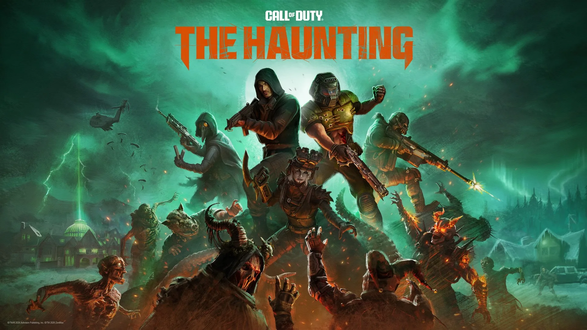 Armed Black Ops 7 operators facing demons in a green supernatural haze