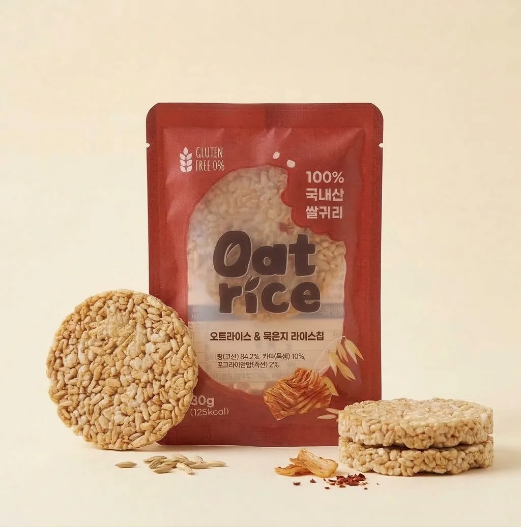 OAT RICE Shiitake Kimchi Oat Rice Chips pouch with the chips beside it