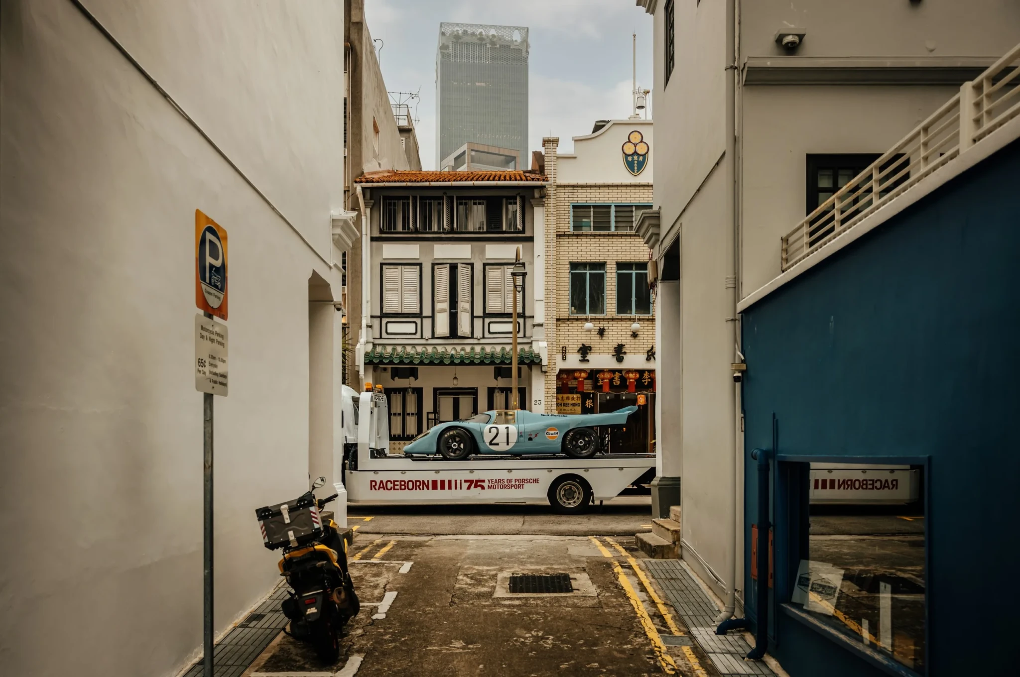 The Porsche 917 KH secured on a transport trailer during its Singapore photo tour