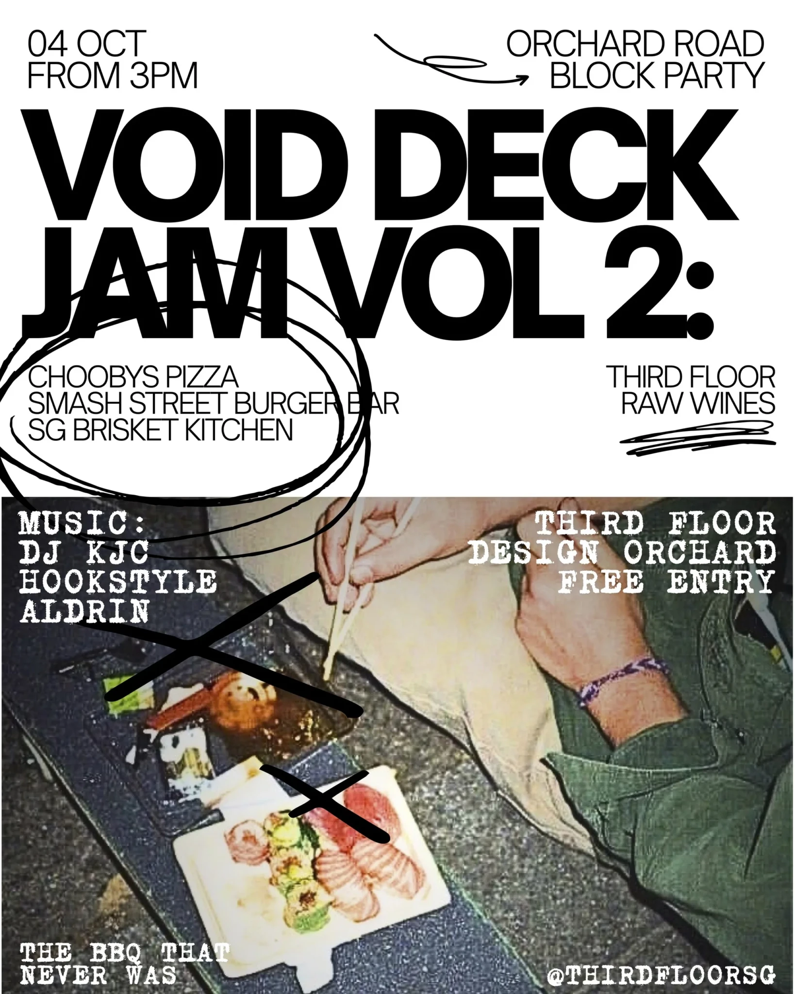 Void Deck Jam Vol. 2 flyer listing the food vendors and DJs for the 4 October Block Party