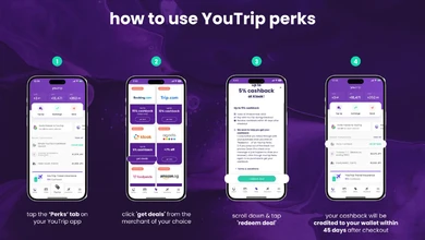 Four-step guide to using YouTrip Perks, from the Perks tab to cashback landing in the wallet