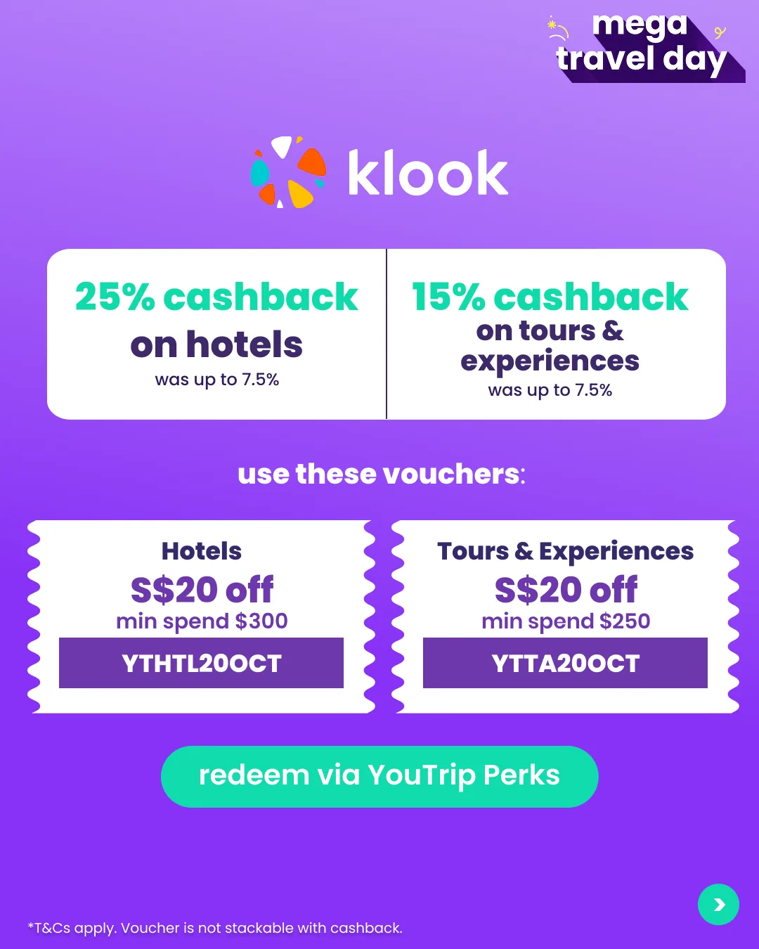 Klook's Mega Travel Day offers on YouTrip with 25% cashback on hotels and 15% on tours