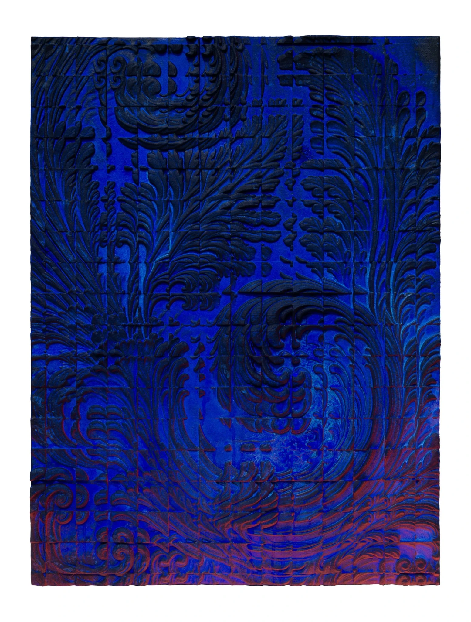 Blue and red 3D-printed sculpture with ornamental baroque-style relief patterns