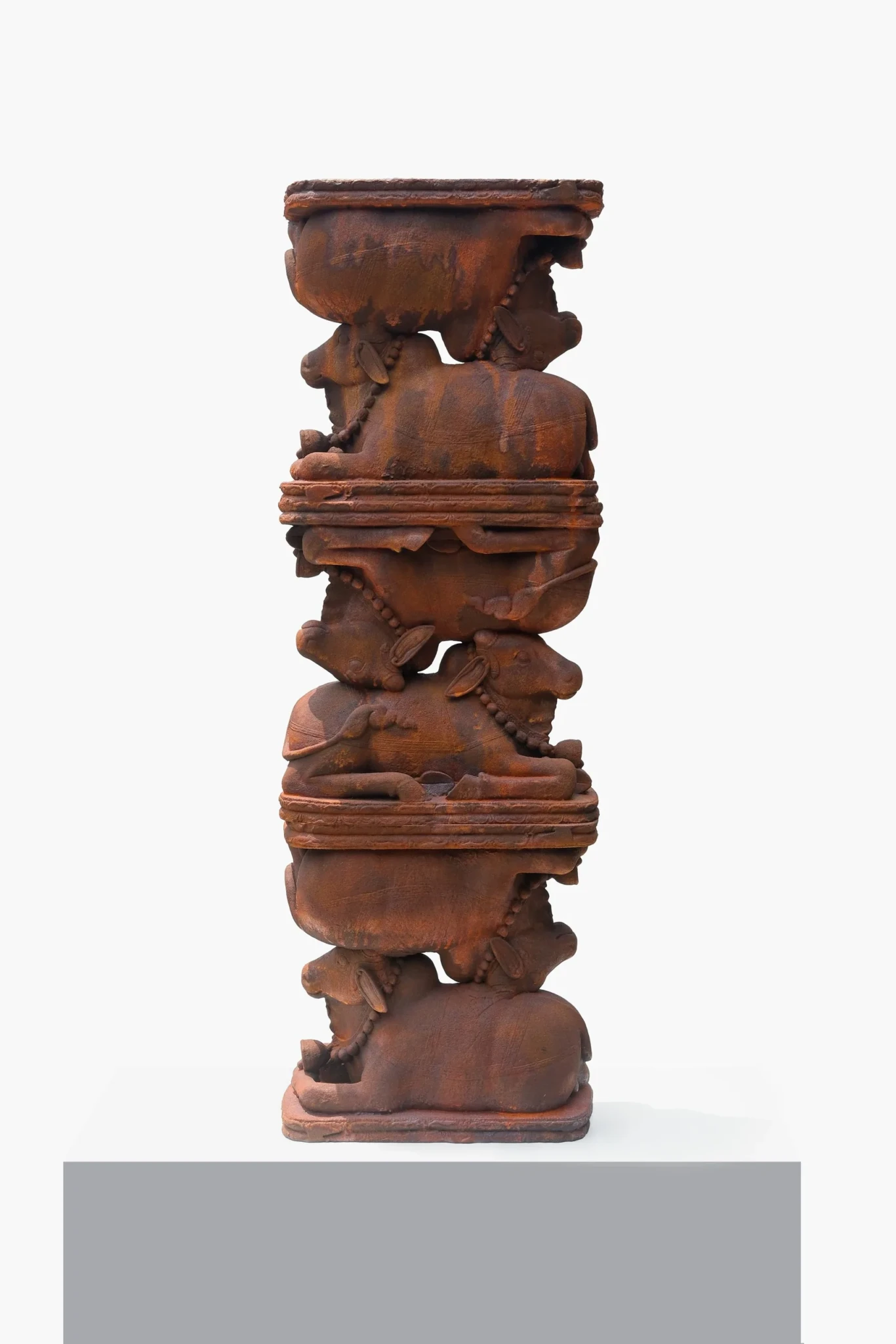 3D-printed sculpture stacking animal figures and Balinese temple-inspired ornamental elements