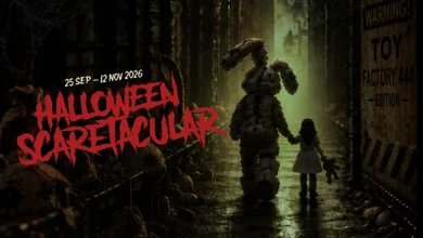 Creepy animatronic creature looming in a dark factory setting for the Tampines 1 Halloween Scaretacular